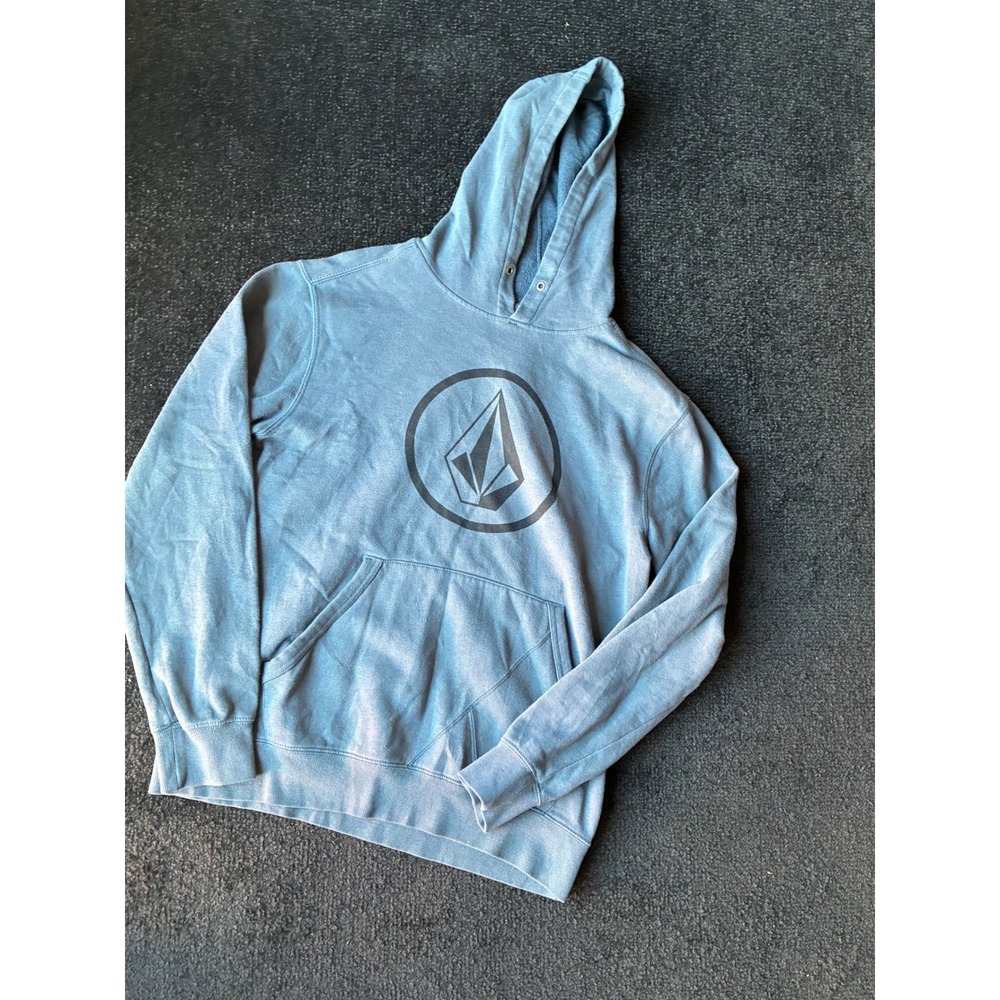 Volcom Stone Graphic Hoodie Mens Medium Blue Faded Pullover Skate Sweatshirt